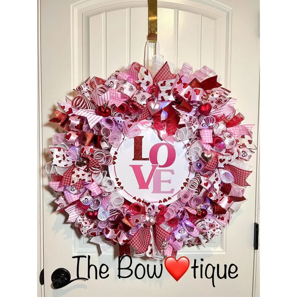 XL Handmade Valentine’s LOVE Ribbon Prelit Wreath 26 ins LED XLW4